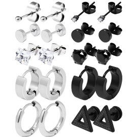 10 Pairs of Earrings, Men's, Black, Silver, Women's, Black Earrings, Stud Earrings, Hoop Rings, Unisex, Binaural, Stainless Steel, Metal Allergy-Resistant