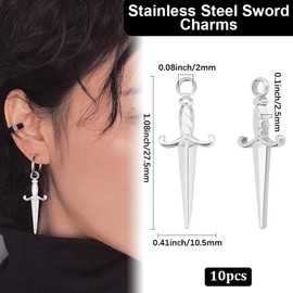Beebeecraft 1 Box 10Pcs Silver Sword Charms 201 Stainless Steel Pendants Dagger Shape Charm for DIY Crafts Bracelet Earrings Necklace