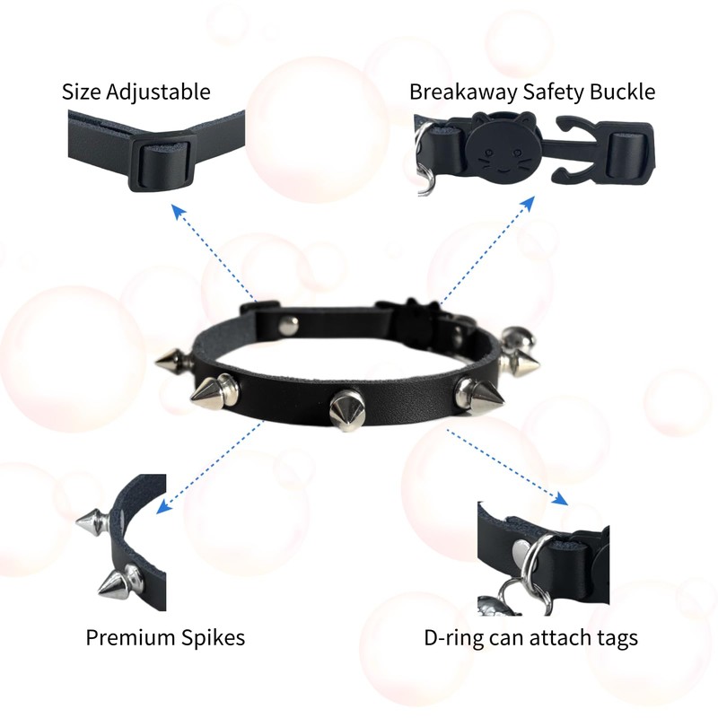 Spiked Cat Collar with Bells, Breakaway Genuine Leather Protective Collar