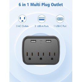 Citelect 3 Outlet Extender Multi Plug Wall Outlets, Surge Protector, Wall Plug Splitter with 3 AC Outlets & 3 USB Ports (2 USB-A + 1 USB-C), Plug Adapter for Home/Office/Hotel/Travel, Black(1 Pack)