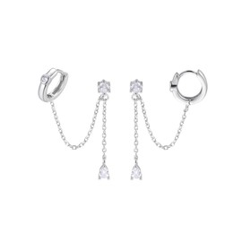SLUYNZ 925 Sterling Silver Double Piercing Earrings Huggie Cuff Droplet Chain for Women Teens Double Holes Dangle Earrings Cartilage Helix Piercing Earrings Chain (A-Silver)