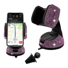Wevdn Phone Holder for Car, 360° Rotatable Sparkling Diamond Phone Mount with Suction Cup Base, Rhinestone Phone Holder for Dashboard Air Vent Windshield, Universal Car Accessories (Pink)