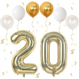 Number 20 balloons Light Gold，20 Balloons Birthday Boy Girl,40Inch Foil Number 2 & 0 Balloons with 6 Light Gold Metal and Confetti Helium Balloons for 20th Year Old Birthday Decorations
