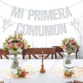 Mi Primera Comunion Banner, My First Holy Communion, Spanish First Communion, Mi Bautizo, Baptism/Christening/Confirmation Party Decorations Silver Glitter