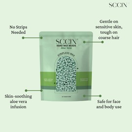 SCCIN Hair Removal Hard Wax Beads 800g & 10 Wooden Spatulas. Stripless Hard Wax for Face, Bikini, Brazilian, Painless Thick Hair Formula (Aloe Vera)
