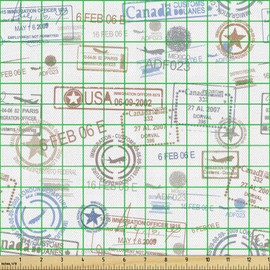 Ambesonne Travel Fabric by The Yard Vintage Old Rubber Stamp Tourist Passport Visa Certificate Holiday Theme, Decorative Fabric for Upholstery and Home Accents, 3 Metres, Multi-Colour