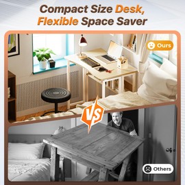 Huuger Folding Desk with Storage Shelf, 31.5 Inch Foldable Computer Table for Small Spaces, Space Saving Sofa Table for Couch, Writing Work Office Computer Desk, Easy to Fold, Oak