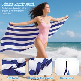 Ainiv Large Beach Towel, 80 * 160cm Double Sides Striped Sand Free Pool Towel, Soft and Lightweight Sport Yoga Towel with Bag, Microfibre Quick Dry Swimming Towel for Women Men, Bath, Travel, Sports