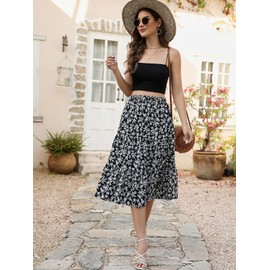 Lyrur Black Skirts for Women High Elastic Waist Ruffle Floral Casual Summer Tiered Midi Skirts with Pockets(S,9193-Blk Floral)