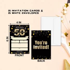 Qinkel 50th Anniversary Invitations, Black Gold Glitter Star Theme Party Invitations for Women & Men, 20 Invitations With 20 Envelopes