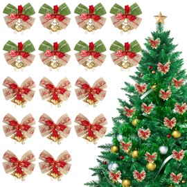 Figarge Christmas Bows with Bells, Christmas Bow Red Christmas Tree Bows, Christmas Bows with Golden Ties, Christmas Tree Decoration (Red, Gold)