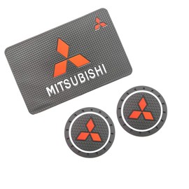 Bettway Car Coasters - 2PC 2.83in Cup Holder Pad & 1PC Silicone Anti-Slip Mat for Mitsubishi Auto SUV