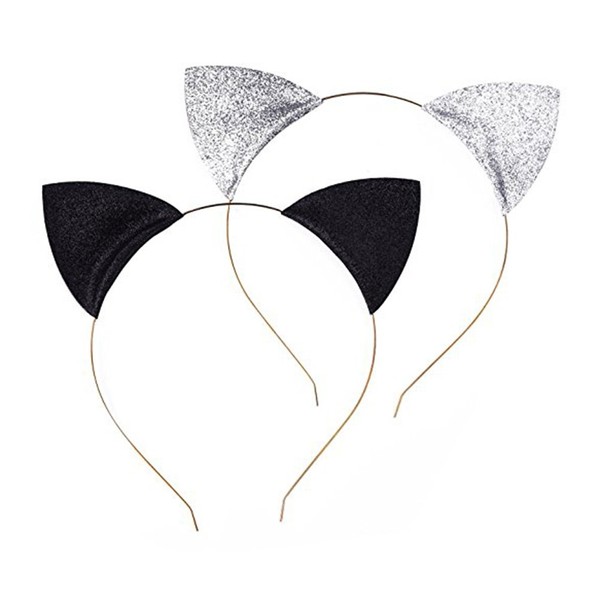 Frcolor Glitter Cat Ear Headband Parties and Everyday Black and Silver Set of 2
