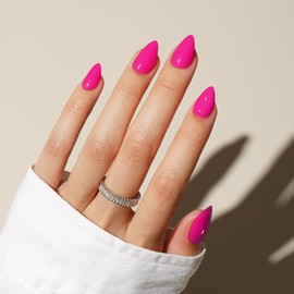 KQueenest Hot Pink Press on Nails Short Almond, Short False Nails with Glue, Vibrant Bright Neon Pink Fake Nails Press ons Stiletto, Glossy Solid, Reusable Soft Gel Stick on Nail for Women, 30 Pcs