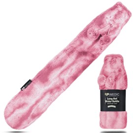 iMedic 2L Extra Long Hot Water Bottle Covered with Luxury Cover Made from Super Soft Fleece or Comfy Knit - Long Hot Water Bottle with Cover UK - Large Hot Water Bottle - Faux Fur Pink