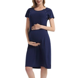 GINKANA Maternity Labor Delivery Hospital Gown Breastfeeding Nursing Nightgown Nursing Nightdress Navy Blue