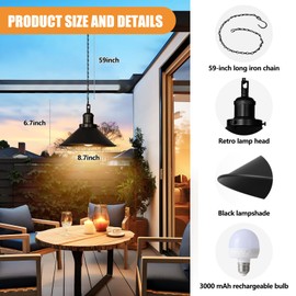 Bailoch 1 Pack Black Portable Battery Operated Hanging Light, Rechargeable Wireless Outdoor Pendant Light with Remote, Battery Powered Chandelier Lantern Fixture for Indoor Outdoor Gazebo Porch Patio