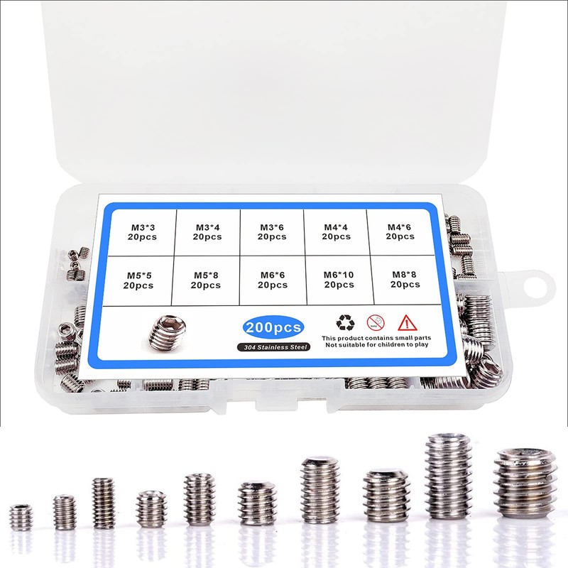200Pcs Allen Head Socket Set-Screw - M3/M4/M5/M6/M8 304 Stainless Steel