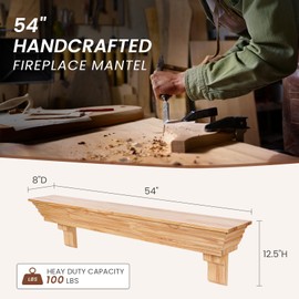 Wood Fireplace Mantel with Corbels - 54 Inch Rustic Floating Mantel Shelf for Living Room, Wall-Mounted Solid Fireplace Mantle with Angled Ends Decor for Bedroom, TV, Books, Natural