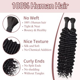 FAKOT FAKOT Human Braiding Hair for Boho Braids, 100g 18 Inch Deep Wave Raw Human Hair, Soft, Tangle-Free, No Weft, Lightweight, Natural Color, 2 Bundles