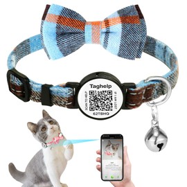Cat Collar with Bells, Breakaway Cat Collars with Bow Tie, Girl Boy Safety Plaid Kitten Collars with QR ID Tag for Girl Boy for Cats,Modifiable Pet Online Profile and Emergency Contacts(Blue A)