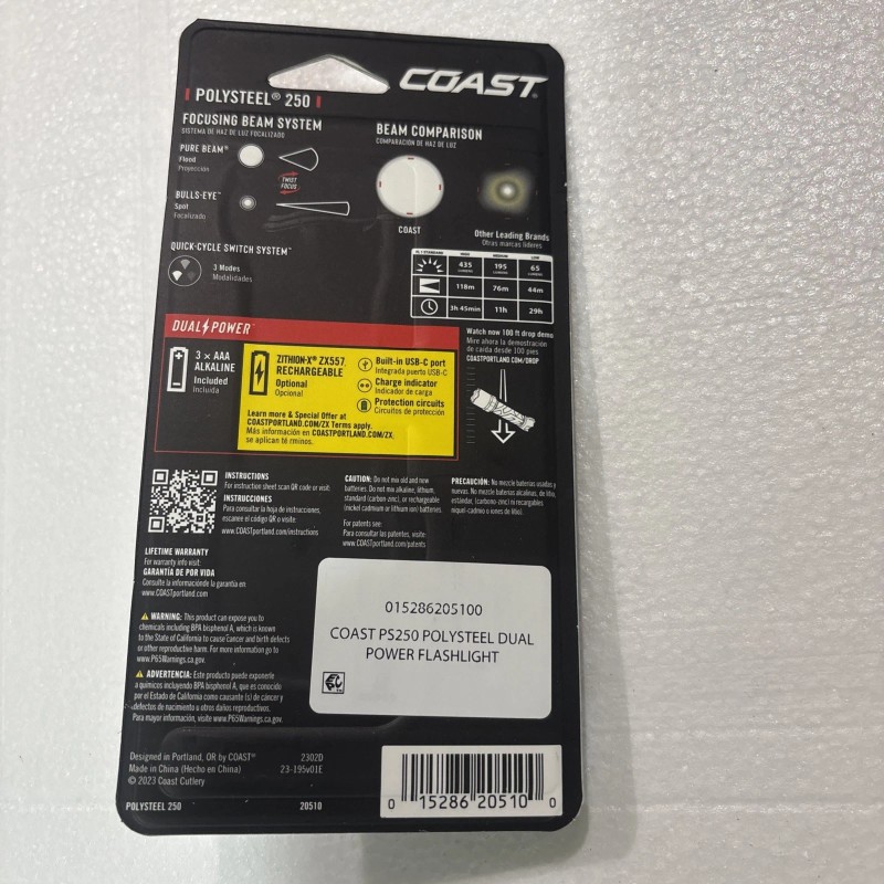 Coast LED Polysteel 250 Flashlight. 435 Lumens,Focusing Beam Quick Cycle