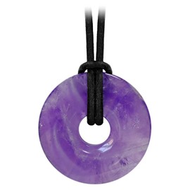 Kaltner Präsente Gemstone Necklace with Pendant, Amethyst Purple, Leather Cord with Doughnut Pendant, High-Quality Gemstone Pendant with Leather Chain, Diameter Gemstone Doughnut, 30 mm, Leather
