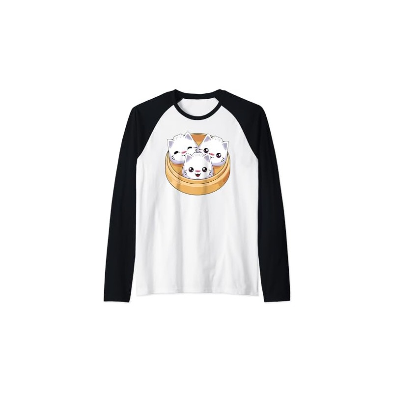 Cute Dumpling Cat Kawaii Dim Sum Cats Raglan Baseball Tee