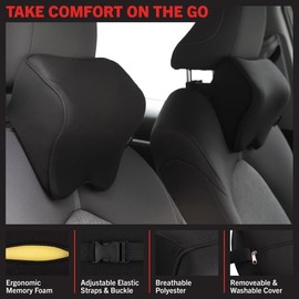 Stalwart Car Headrest Pillow 2-Pack - Breathable Memory Foam Car Neck Pillow Set with Adjustable Straps - Car Pillows for Driving (Black)