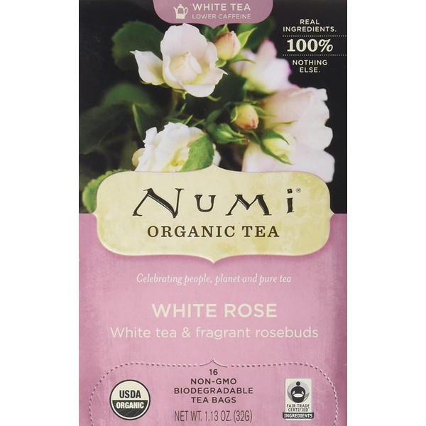 Numi Organic Tea White Rose, 16 Count Box of Tea Bags, White Tea