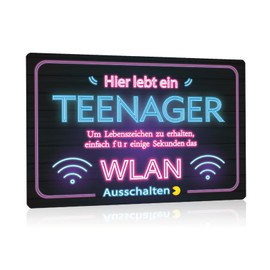 Set of 4 – Tin Sign 20 x 30 cm with Funny Sayings – Hier lebt ein Teenager Wlan – Vorsicht Door Signs – Funny Door Hangers Bitte Nicht Stören Ich Zocke – Sign Decorative Gift for Playroom Gamer