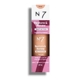 Nō7 | Restore & Renew Multi Action Serum Foundation - Shade: Honey | SPF 30 | Visibly Conceals the 5 Key Signs of Aging | 30mL-Imperfect Box