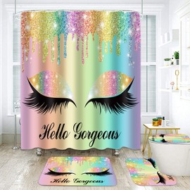 GURETER Hello Gorgeous Shower Curtain Set, 4PCS Rainbow Pretty Eyelash Luxury Glitter Bathroom Sets with Shower Curtain and Rugs, Toilet Lid Cover, Bath Mat and U Shaped Rug, 12 Hooks, SETLSGU8