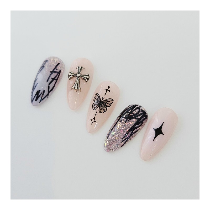 Drawing Cross Handmade Nail Tips Unique Design - Almond Midi