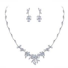 Clearine Bridal Jewellery Sets for Women Marquise Shape Drop Cubic Zirconia Flower Leaf Cluster Vine Necklace Us Earrings for Wedding Banquet Clear Silver Tone, Cubic Zirconia, Cubic Zirconia