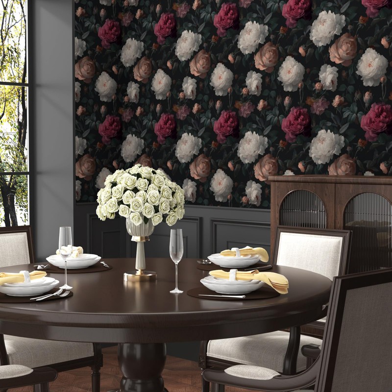 Laatse Dark Red Peony Floral Wallpaper Peel and Stick 17.5"x118"
