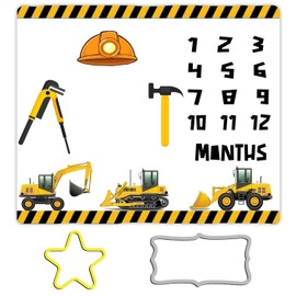 MTMETY Construction Vehicle Baby Monthly Milestone Blanket, 48x40in Hard Hat Tool Hammer Blanket Soft Flannel for Nursery Newborn Gift Baby Shower,Baby Growth Chart Photography Blanket BTXFME25