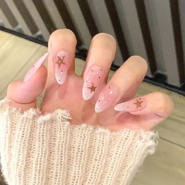 24pcs Almond Press On Nails Long Milk White Gradient Star Artificial Nails for Sticking French Pure Colour Full Cover False Nails Natural for Nail Art Beauty