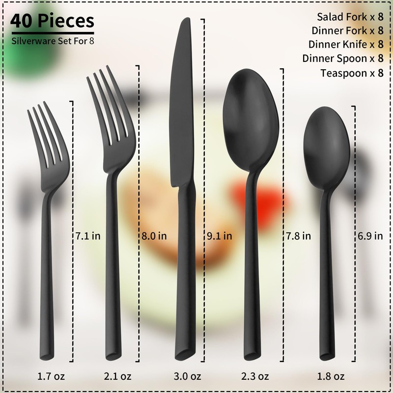 Potter Black 40-Piece Forged Silverware Set, Service for 8, Stainless