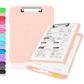 Sooez Glitter Clipboard with Storage, High Capacity Storage Clipboard with Pen Holder, Cute Clip Boards 8.5x11 with Low Profile Clip, Sparkle Plastic Clipboard Case Box for Women & Kids, Side Opening