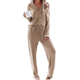 Ekouaer Women's Pajama Sets Long Sleeve Button Down 2 Piece Pjs Soft Lounge Sets Notch Collar Sleepwear Light Brown