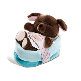 NICI 45372 Cuddly Toy Sleeping Puppies Dog 12 cm, Fluffy Plush Toy in Blue/Green Basket, Cute Stuffed Toy for Children and Cuddly Toy Lovers, Brown/Turquoise
