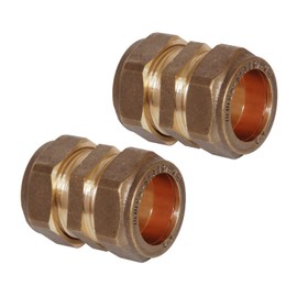 Pipestation® 15mm Brass Compression Straight Pipe Connectors for Copper Pipe - Pack of 2