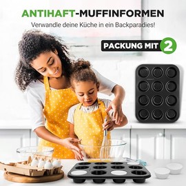 NutriChef Set of 2 Muffin Baking Moulds for 24 Muffins, Muffin Tray, Non-Stick Carbon Steel Including 100 Paper Muffin Cases 35 x 26 cm for Cupcakes, Brownies, Basic Baking
