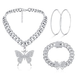 Kakonia Cuban Link Chain Jewellery Set Bling Rhinestone Butterfly Pendant Necklace Bracelet and Crystal Large Hoop Earrings Set Silver Gold Accessories Jewellery Set for Women, Rhinestone
