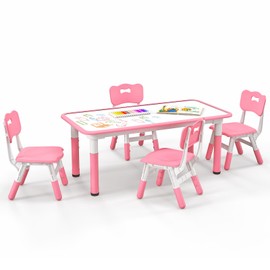 KOTEK Kids Table and Chairs Set of 4, Height Adjustable Children Activity Table & Play Table with Graffiti Desktop, Toddler Table and Chair Set for Daycare, Playroom, Home, Preschool (Pink)