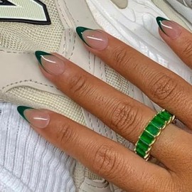 30 piezas de uñas postizas de color verde oscuro con punta francesa, uñas cortas con forma de almendra, uñas acrílicas, uñas postizas de color nude na