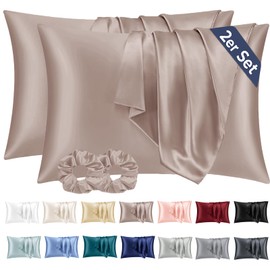 Vielit 2er Set Satin Kissenbezug 40 x 80 Braun, Weich wie Seidenkissenbezug 40x80,Bessere Pflege als Silk Pillosecase,Satin Kopfkissenbezug Kissenhülle für Haar und Haut mit 2 Haargummis