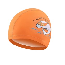 PD Kids Swimming Cap – Cartoon PU Swim Cap for Boys & Girls Age 3-12, Soft Breathable, 3D Cut, High Elasticity, Comfortable Fit (Orange)