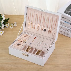 BELSVOR Jewellery Box for Women Girls, 2-Layer Jewellery Box, Lockable Jewellery Storage with Key, Waterproof Leather Jewellery Box for Storage